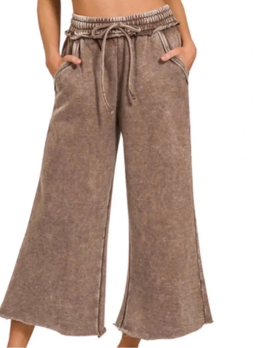 Zenana Outfitters Brown Boot Flare Drawstring Wide-Leg Pants